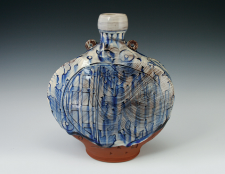 Blue and White Pilgrim Bottle, 8 in. (20 cm) earthenware, white slip and stamped pattern, oxidation fired to cone 2, 2015.