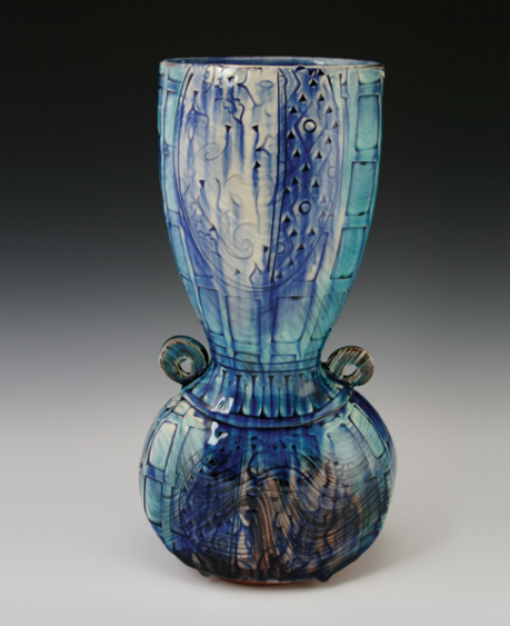 Blue Vase, Earthenware, 15 in. (38 cm), earthenware, white slip and stamped pattern, oxidation fired to cone 2, 2015.