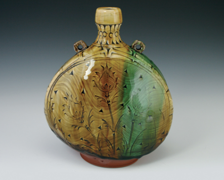 Amber and Emerald Pilgrim Bottle, 9 in. (29 cm) earthenware, white slip and stamped pattern, oxidation fired to cone 2, 2015.