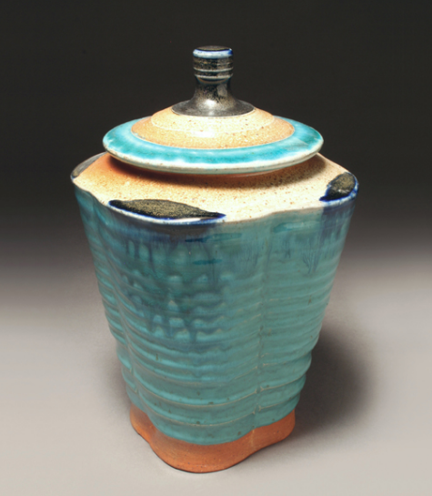 Blue Jar, 12 in. (XX cm) in height, thrown and altered white stoneware, soda fired to cone 10. Photo: Lucy Breslin.