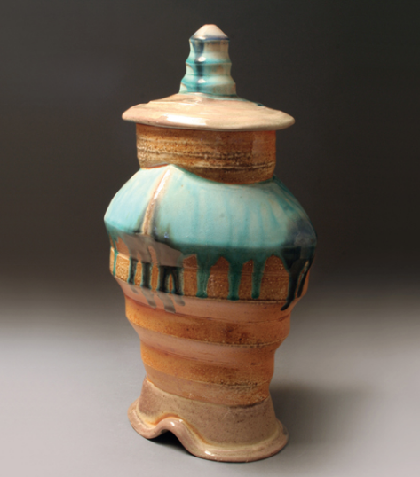 Tall Jar 1, 15 in. (38 cm) in height, thrown and altered white stoneware, soda fired to cone 10. Photo: Lucy Breslin.