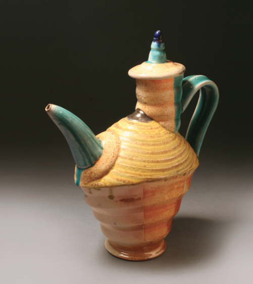 Yellow Teapot, 10 in. (25 cm) in height, thrown and altered white stoneware, soda fired to cone 10. Photo: Lucy Breslin.