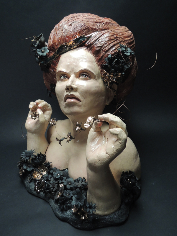 My Other Sister Hope, 20 in. (51 cm) in height, stoneware, glaze, gold luster, glass, wire, epoxy, 2015.