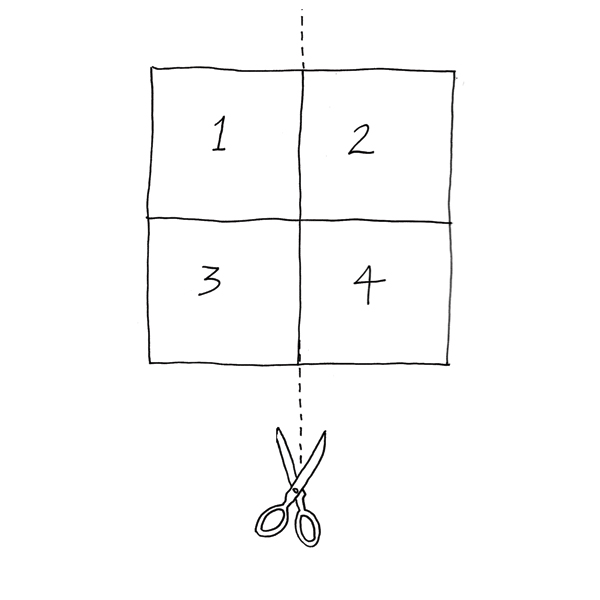 8. Turn your paper over and draw two lines, dividing it into four parts, numbered 1–4.