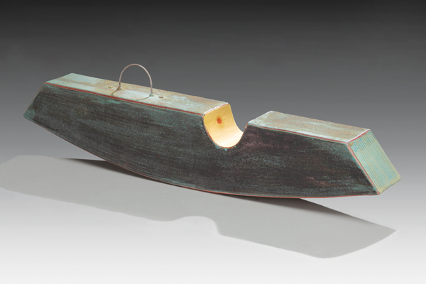 Sliver, 16½ in. (42 cm) in length, slab-constructed terra cotta, Kanthol wire, low-fire oxidation, 2013. Photo: Steve Mann.