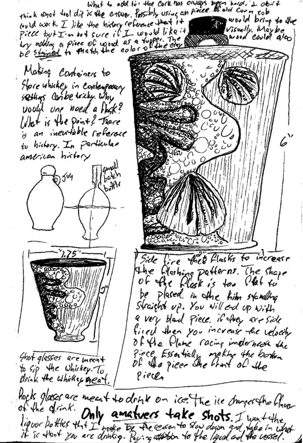 Flask drawing with notes, ink on paper.