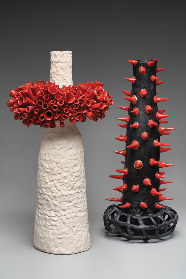 7 Vered Binyamini’s Eruption and Torment; to 26 in. (66 cm) in height, white earthenware, 2015.