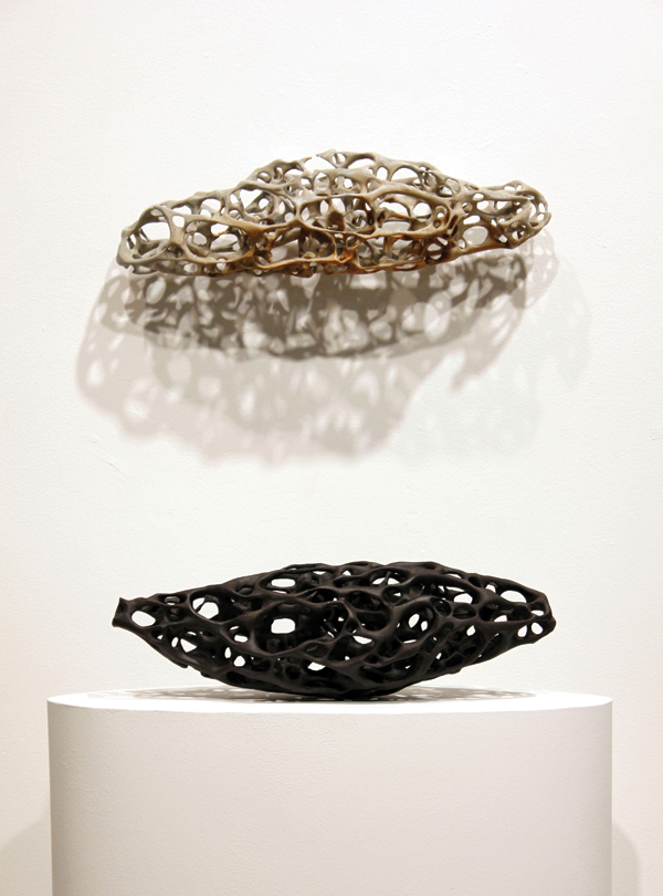 12 Sara Catapano’s Excavation (#1 and #2), up to 5 ft. 3 in. (1.6 m) in width, black stoneware, soda-fired white stoneware, pedestal, 2014.