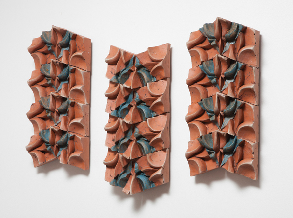 10 Sarah Heitmeyer’s A Slice of Ups and Downs, each up to 24 in. (61 cm) in height, earthenware, underglaze, fired to cone 04, 2013. Photo: Mike Fleming.