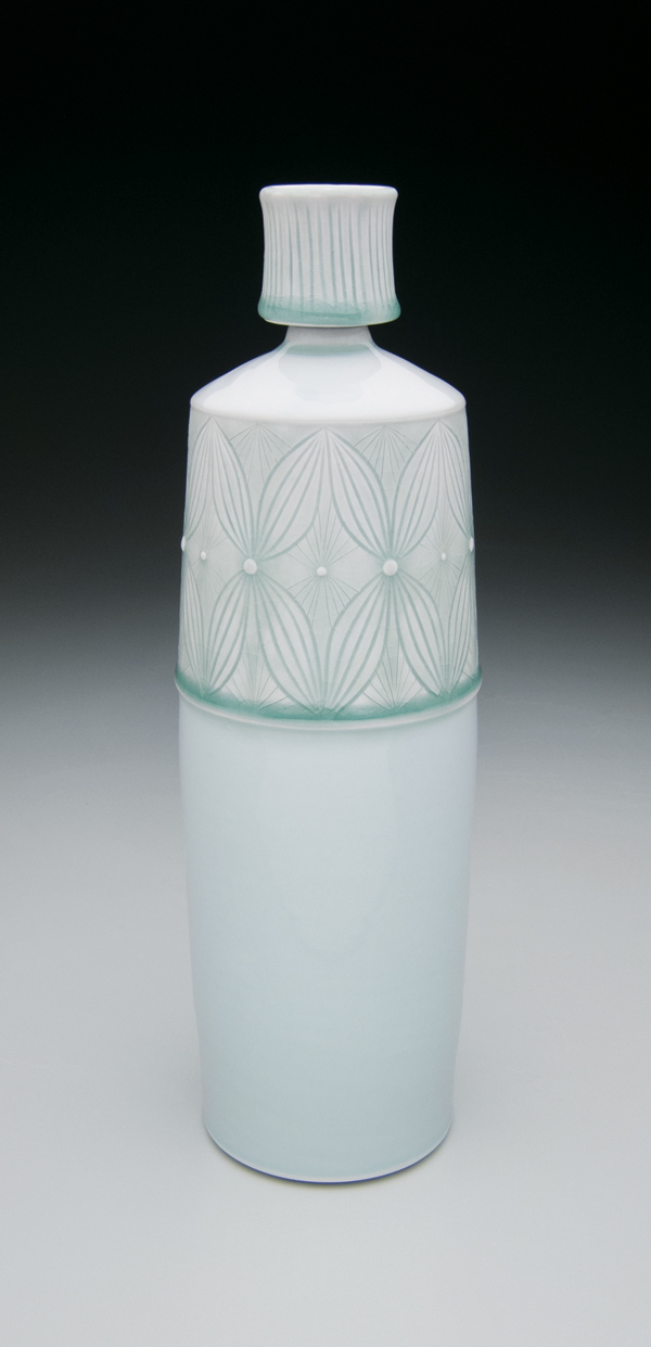 4 Stopper bottle, 14 in. (36 cm) in height, wheel-thrown porcelain, carved pattern, celadon glazes, fired in reduction to cone 10,2014.