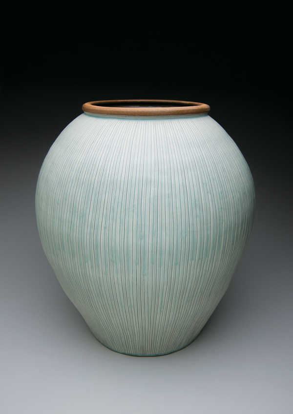 1 Jar, 24 in. (61 cm) in height, Onggi coil-and-paddle constructed stoneware, carved pattern, porcelain slip, celadon glazes, fired in reduction to cone 10, 2014.