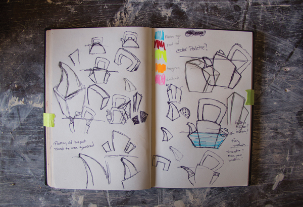 Sketchbook drawings for teapots, 2015. 