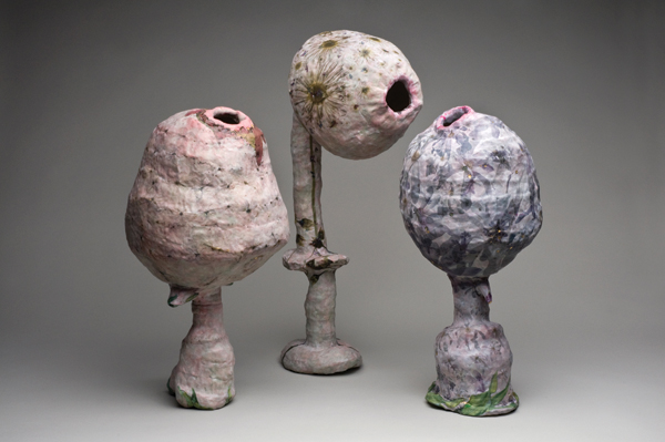 2 Fil et Ruban, 16–21 in. (42–53 cm) in height, coiled porcelain, colored slips, glaze, transfers, gold leaf, 2015.