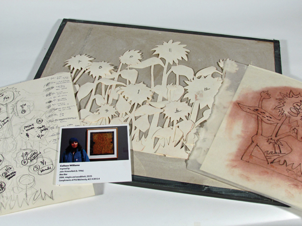 1 Inspired by: John Himmelfarb (b.1946), Xtra Xtra, 2004, intaglio and woodblock, 22/25, Courtesy of Phil Malinosky, ACC #2013.4, Hunter Museum of American Art. Initial sketch with notes regarding journal entries assigned to each flower. Designed flower sketch with graphic notation. Paper templates for composition and positioning.