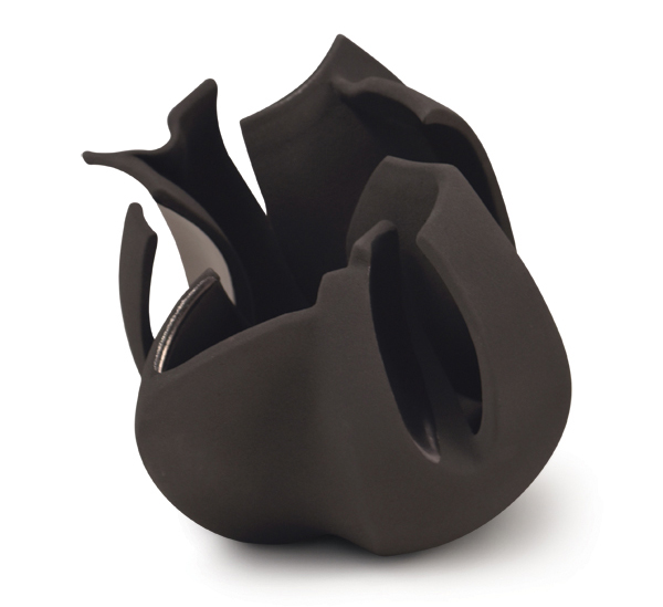 Black tulip, 8 in. (20 cm), wheel-thrown and altered earthenware, slip, glaze, 2016.