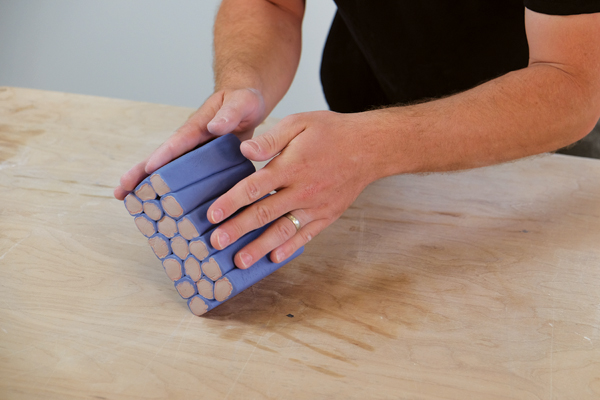 1 Making the colored porcelain cane and forming the separate canes into a block for cutting.