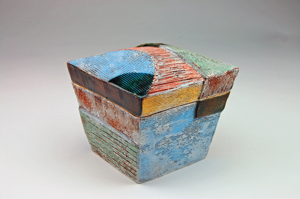 27 Box, 6 in. (15 cm) in height, terra cotta, terra sigillata, underglaze, sandblasted, glaze, fired to cone 04 in oxidation, 2016.