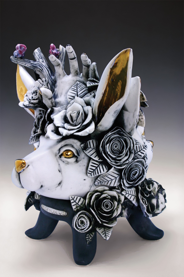 1 Taylor Robenalt’s Golden Eared Dog, 13 in. (33 cm) in length, porcelain, underglaze, glaze, luster, 2016.