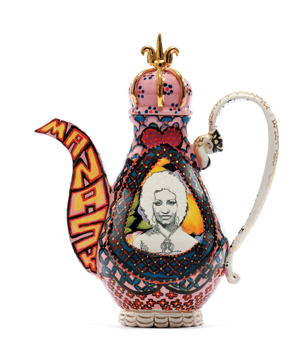 8 Celia Cruz-Basquiat Teapot (alternate view), 13 in. (33 cm) in height, porcelain, slip, fired to cone 10, china paint, luster, 2017. Photo: KeneK Photography. Courtesy of Wexler Gallery.