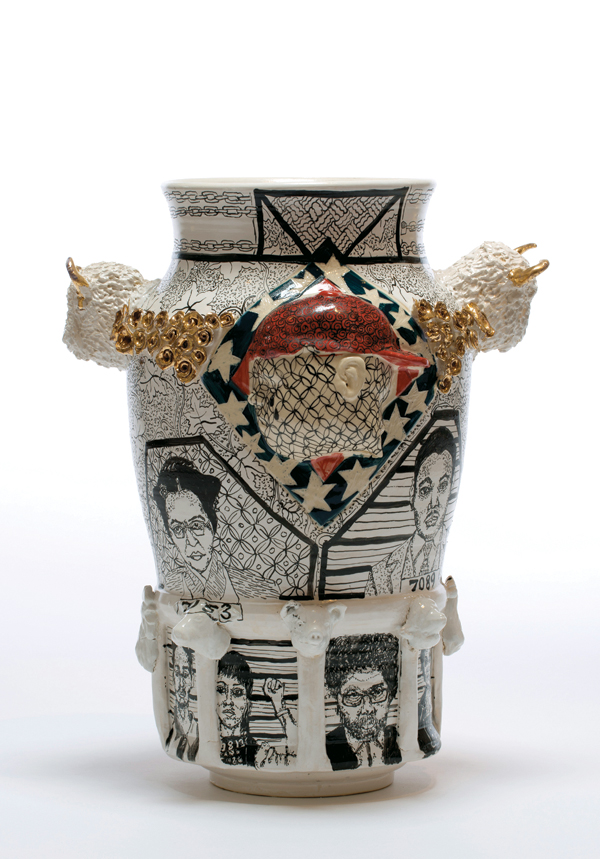 5 A Century of Incarceration, 22 in. (56 cm) in height, porcelain, slip, fired to cone 10, china paint, 2017.