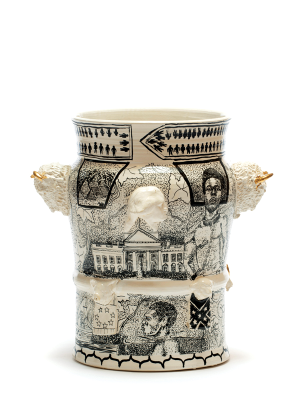 3 A Century of Slavery Vase, 20 in. (51 cm) in height, porcelain, slip, fired to cone 10, china paint, luster, 2017.