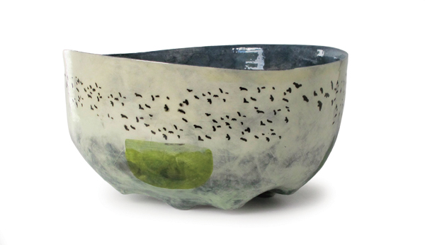 1 Anna Lambert’s Cononley Floods with Rooks Dimple-Based Bowl, 11 in. (28 cm) in length, handbuilt white earthenware, underglaze, slips, fired to 1994°F (1090°C) in an electric kiln.