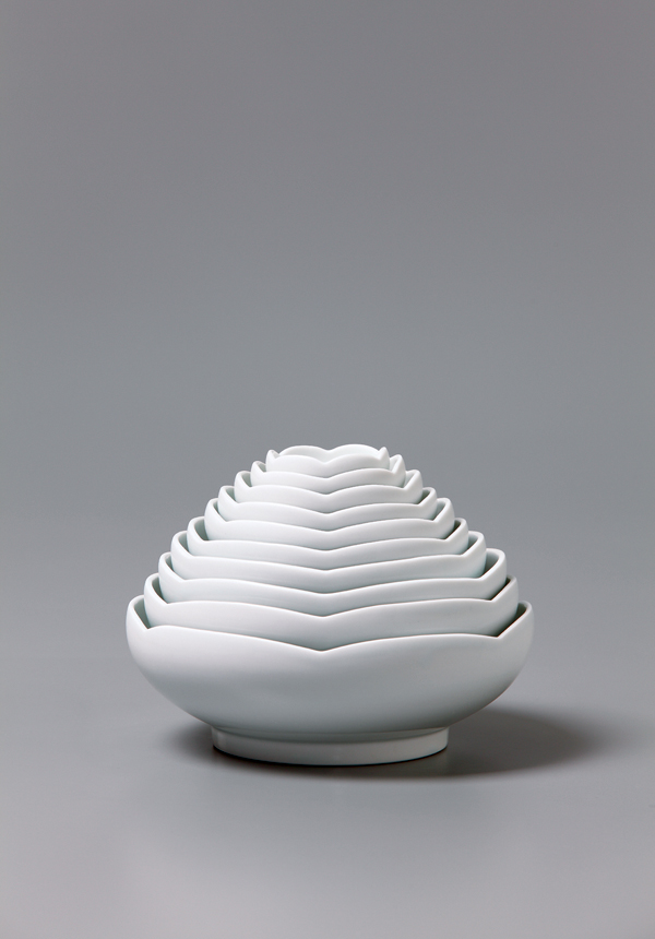 2 Ten stacked flower-shaped bowls, to 6 in. (16 cm) in height, wheel-thrown porcelain, mid-range reduction fired, 2013. Courtesy of Moon Do Bang.