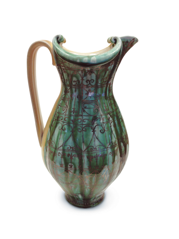 1 Julia Galloway’s pitcher, wheel-thrown porcelain, flashing slip, glaze, soda fired, platinum luster, ca. 2005. 