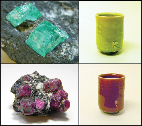 4 Emerald and ruby, left, and the corresponding Emerald/Ruby glaze with chromium oxide (top right) and chromium oxide with 6% tin oxide (bottom right). Note: All of the color sample yunomi were made with Laguna cone 6 Frost porcelain. All images of gemstones samples: Courtesy of the Lora Robins Gallery of Design from Nature.