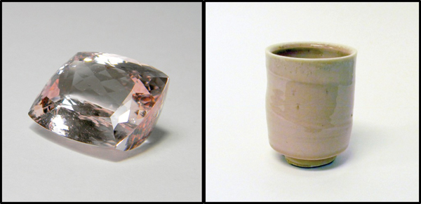 3 Morganite, left, and Fa’s Crystalline Base glaze plus manganese dioxide, right.