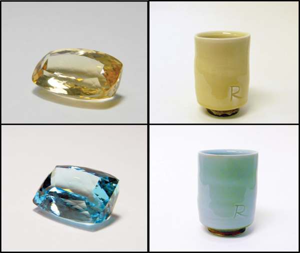 2 Heliodor and aquamarine, left, and Gold Beryl glaze (top right) and Babu Celadon glaze (bottom right).