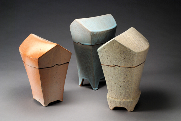 Three boxes, 8 in. (20 cm) in height, stoneware, soda fired to cone 10, 2016.