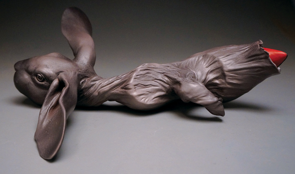 2 The Stiletto and the Hare, 15 in. (38 cm) in length, ceramics, glaze, 2015. data-sf-ec-immutable=