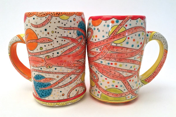 4 Mariko Paterson’s squid mugs. The line drawings on the cups were created using an altered calligraphy nib.