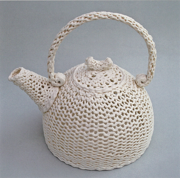 16 Helen Gilmour’s teapot, 8 in. (20 cm) in height, knitting soaked in porcelain slip, 2011.