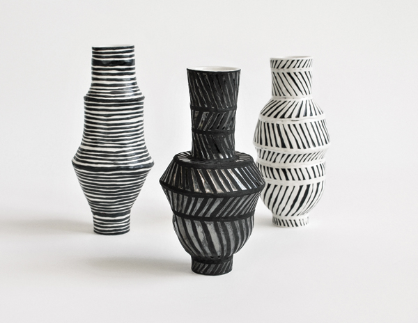 10 Former Harbourfront Centre resident artist Marissa Y. Alexander’s black-and-white vessels, 10 in. (25 cm) in height, porcelain, underglaze, glaze, fired to cone 6, 2016. Photo: Brian Medina.