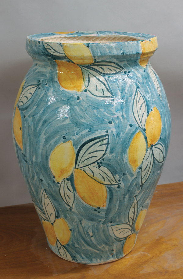 1 Large jar, 4 ft. (1.2 m) in height, coil built by Pietro Bruzzi and Lauren Kearns. Kearns decorated the jar using coloring oxide washes, then covered them with a clear glaze.
