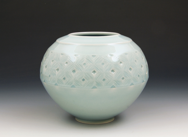 8 Vase, 7 in. (18 cm) in diameter, porcelain, blue celadon glaze, fired to cone 10 in reduction, 2017.