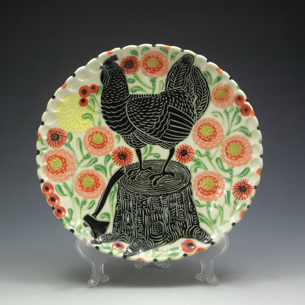 1 Chicken and Stump dinner plate, porcelain, drawn, carved, and underglaze surface decoration, fired to cone 6.
