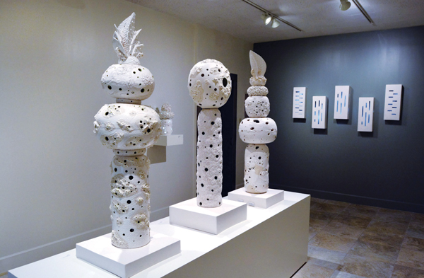 2 (Left to right) Maldive Coral Reef, 4 ft. 5 in. (1.4 m) in height, Great Barrier Coral Reef, 3 ft. 8 in. (1.1 m) in height, American Samoa Coral Reef, 4 ft. 3 in. (1.3 m) in height, Coral Reef Wall Sculpture, 22 in. (56 cm) in height, earthenware, low-fire glazes, LED solar lights, fired to cone 06, 2016. All photos: Andrea Rubino.