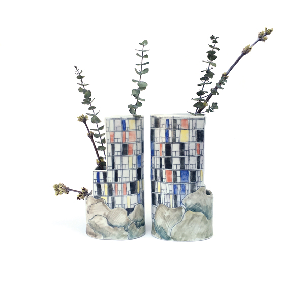 Riverside Apartments Vase Pair, 9½ in. (24 cm) in width, porcelain, fired to cone 10 in reduction, 2017.