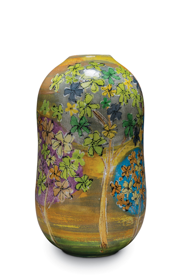 2 Lisa Katzenstein’s Honesty Gourd Vase, 10 in. (25 cm) in height, earthenware, tin glaze, fired to 1940°F (1060°C), 2017. Photo: Alex Brattell.