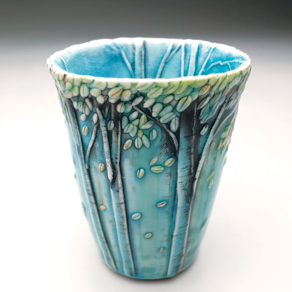 In Dreams cup, 5 in. (13 cm) in height, porcelain, underglaze, glaze, fired to cone 5.