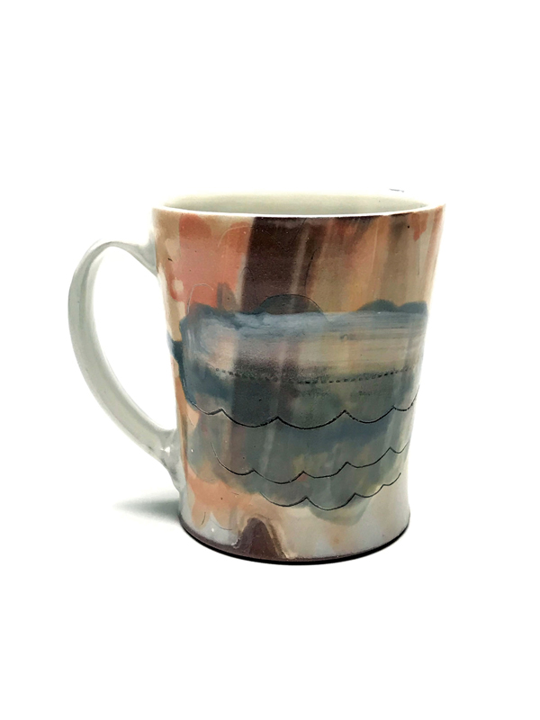 2 Sara Beth Truman’s coffee mug, 4½ in. (11 cm) in diameter, earthen red clay, slips, underglaze, glaze, fired to cone 6 in an electric kiln, 2017.