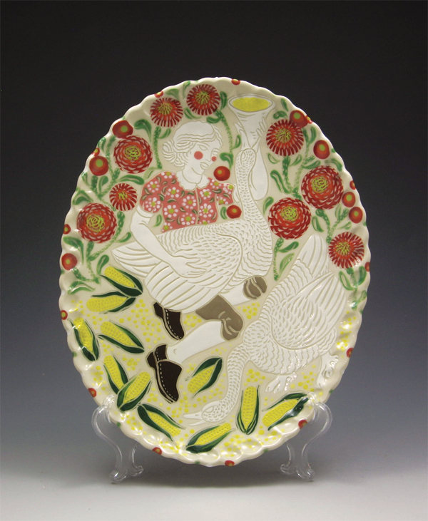 7 Allegory of Foie Gras, porcelain, drawn, carved, and underglazed surface decoration, fired to cone 6.