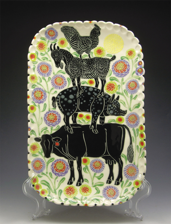 5 Black Animal Stack Platter, porcelain, drawn, carved, and underglazed surface decoration, fired to cone 6.