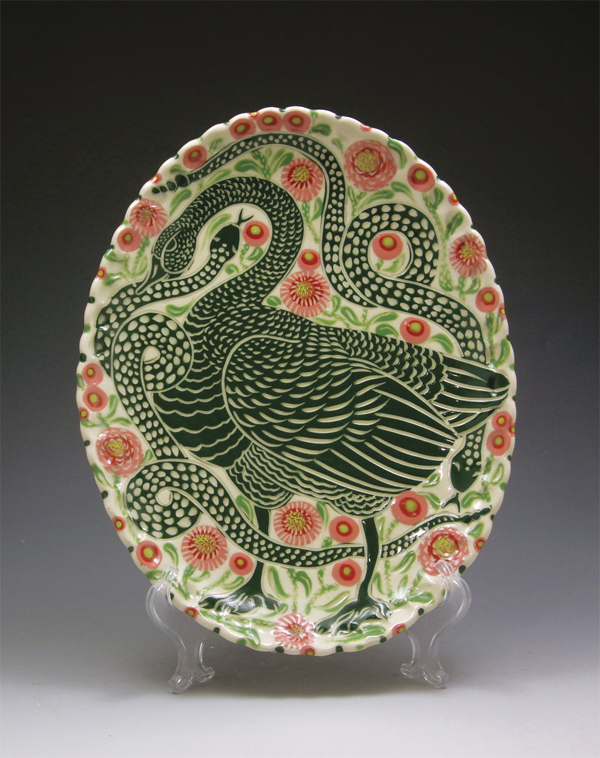 6 Green Goose and Snake Platter, porcelain, drawn, carved, and underglazed surface decoration, fired to cone 6.