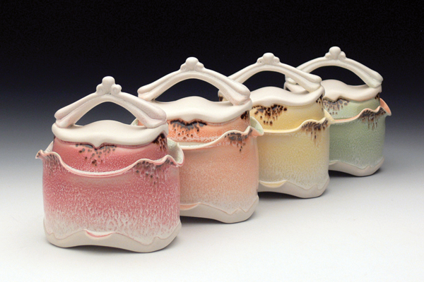 1 Martha Grover’s multi-colored boxes, to 6 in. (15 cm) in height, porcelain, glaze.
