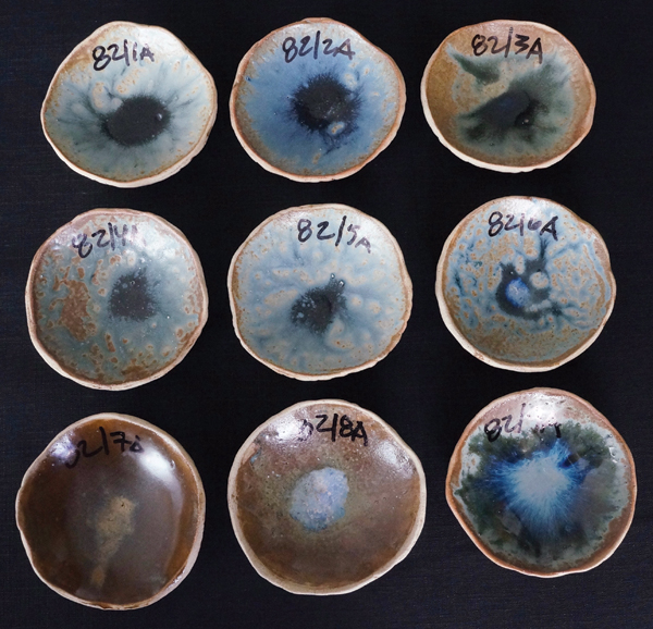 7 The same set of glazes as in figure 6, but each test has an addition of 50% wood ash.