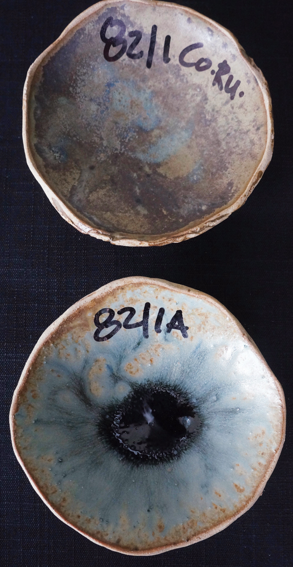 9 Top: Basic Celadon glaze with 1% cobalt oxide and 3% rutile added. Bottom: same glaze with 50% wood ash added.